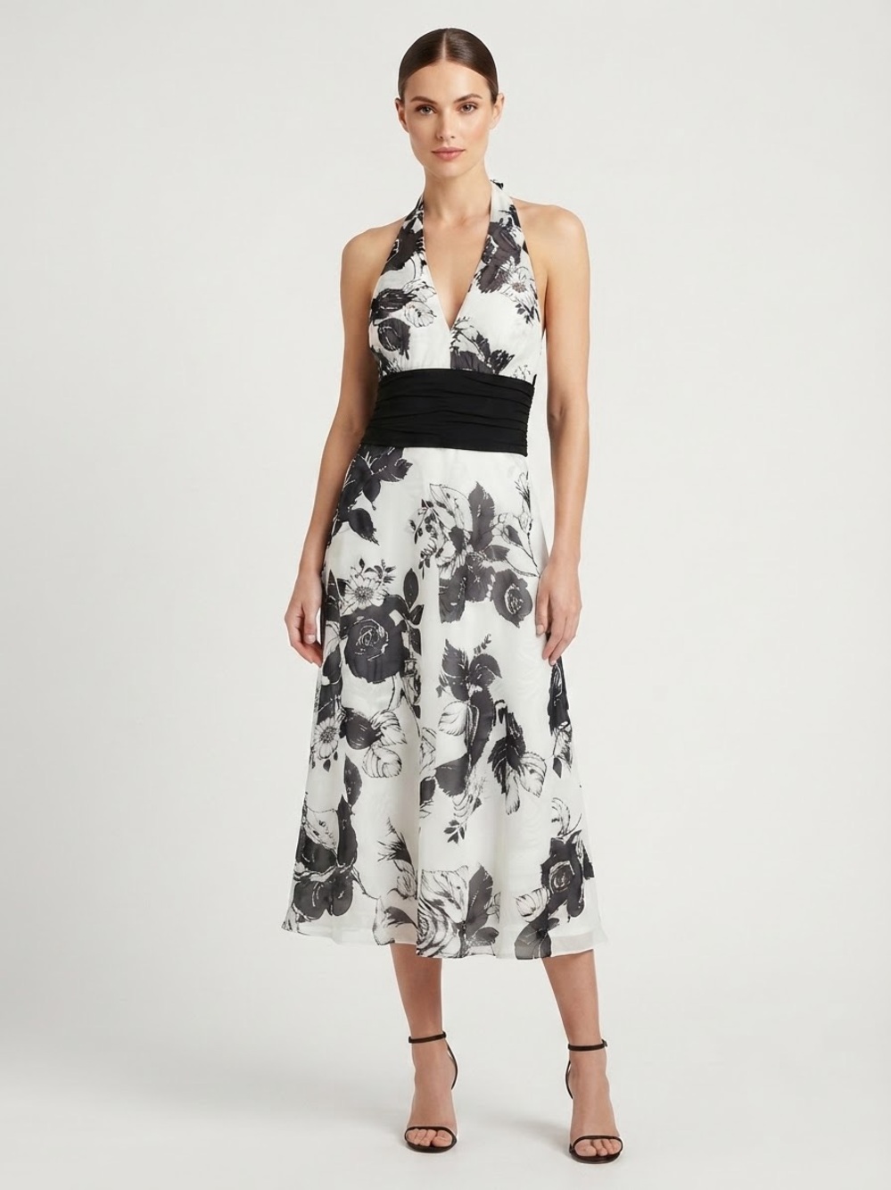 White House Black Market Black and White Floral Halter Midi Dress